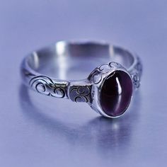 Size 7.75, vintage Sterling 925 silver handmade band ring with garnet, stamped 925 Silver Garnet Ring Stamped 925, Sterling Bracelets, Retro Gift, Star Ring, Lovely Necklace, Ring Collections, Solitaire Ring, Handmade Ring, Handmade Silver