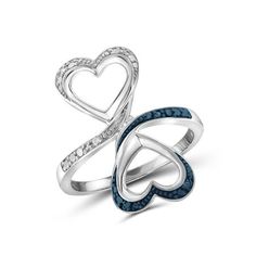 two rings with blue and white stones in the shape of hearts, one is shaped like an