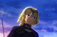 an anime character with blonde hair standing in front of blue sky and clouds, looking at the camera