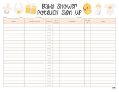 baby shower sign up sheet with rubber ducky on it and the words baby shower potluck sign up