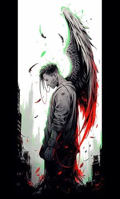 a man standing in the middle of a city with an angel on his back and red feathers