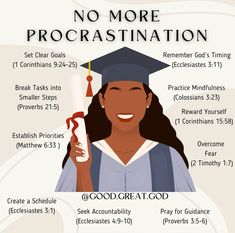 a woman in graduation cap and gown holding up a diploma with the words, no more procrastination