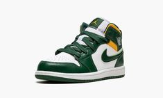 The Air Jordan 1 Mid PS “Sonics” is the preschool sizing of Michael Jordan’s first signature shoe in the popular mid-top silhouette in a colorway that nods to the defunct NBA basketball team.  The “Sonics” edition of the retro basketball shoe is an unofficial tribute to the Seattle Supersonics, the basketball team that relocated to Oklahoma City and became the Thunder in the late 2000s.  As imagined, the colorway features the Sonics’ former green, yellow, and white team uniform colors on its des Throwback Basketball Shoes With Gum Sole, Green Throwback Sneakers For Streetwear, Throwback Basketball Shoes With Boost Midsole, Throwback High-top Basketball Sneakers With Round Toe, Green High-top Basketball Shoes For Streetwear, Throwback High-top Sneakers With Round Toe For Basketball, Throwback Mid-top High-top Sneakers With Gum Sole, Throwback High-top Sneakers With Gum Sole, Throwback Round Toe High-top Sneakers For Basketball