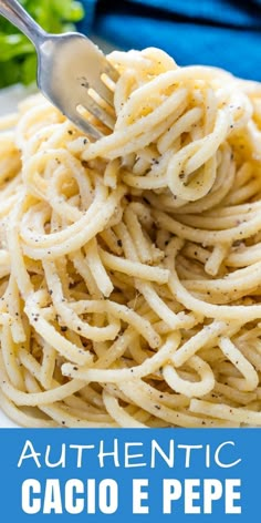 spaghetti with garlic and parmesan cheese is being held by a fork over the top of it