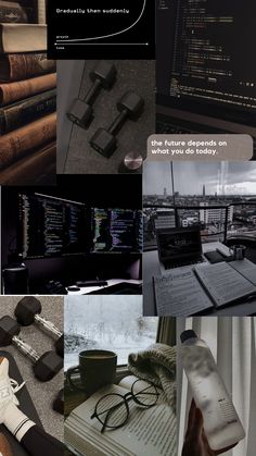 a collage of images with books, laptops and other things in them that appear to be made out of computer parts