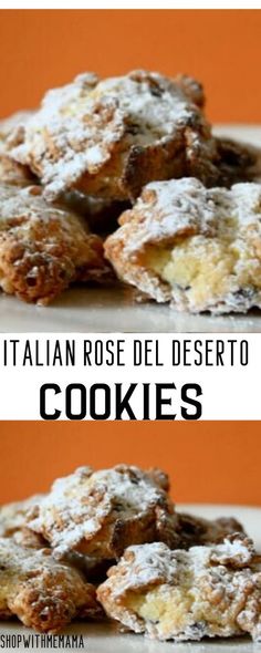 italian rose del desero cookies with powdered sugar on top and chocolate in the middle