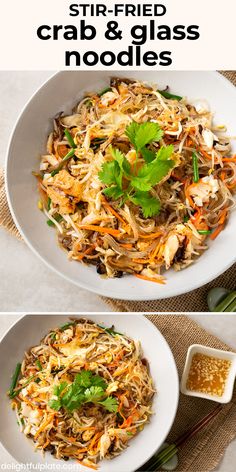 two plates filled with stir fried crab and glass noodles