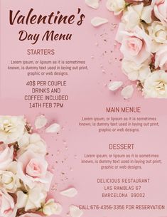 a pink valentine's day menu with flowers on it