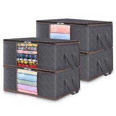 three storage bins with different colored fabrics in them