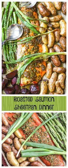 roasted salmon, green beans and potatoes on a platter with text overlay that reads roasting salmon & green bean dinner