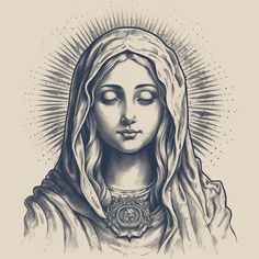 the virgin mary is depicted in this black and white drawing by artist markiek