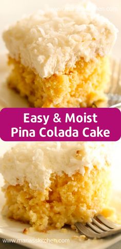 two pieces of cake with white frosting on top and the words easy & moist pina colada cake