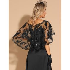 This lightweight chiffon wrap with blinking decorative beads can match perfectly a 1920s flapper outfit, also charming with sling dresses or strapless dresses. The 1920s cape features exquisite sequins and beads, looks vintage and luxury, absolutely boutique. All the decoration is embellished on soft tulle which is see-through, providing a softness and light feeling. Perfect match dress, add elegant style to your outfit. Fitted Shawl Dress For Party, 1920s Cape, Bolero Black, Flapper Outfit, Beaded Shawl, Bridal Cover Up, Strapless Dresses, Women's Cardigans, Chiffon Wrap