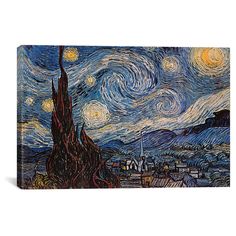 the starry night painting is displayed in a black frame