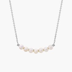 An elegant array of lustrous Freshwater cultured pearls set in a curved bar are bookended by twinkling white topaz on this sterling silver smile necklace with adjustable length for added versatility. Smile Necklace, Curved Bar, Pearl Set, Freshwater Cultured Pearls, Blue Nile, White Topaz, Cultured Pearls, Pearl Jewelry, Fresh Water