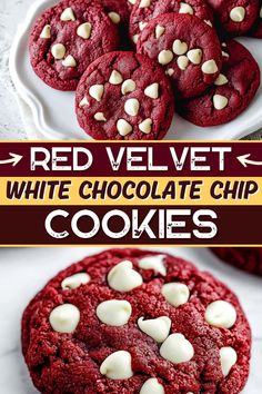 red velvet white chocolate chip cookies on a plate