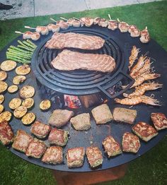 an outdoor grill with meat and vegetables on it