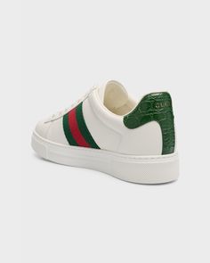 Gucci "Ace" lowtop sneakers in soft calf leather feature a chunkier construction with the distinctive green and red web stripe on the sides    1.2"H flat heel    Round toe    Laceup vamp with Ace metal tag    Croceffect leather backstay with foiled logo lettering    Additional pair of laces included    Rubber outsole    Fits true to size    Made in Italy Gucci Men Shoes Sneakers, Gucci Ace Sneakers, White Shoes Men, Red Web, Gucci Heels, Black Shoes Men, Metal Tag, Gucci Sneakers, Metal Tags