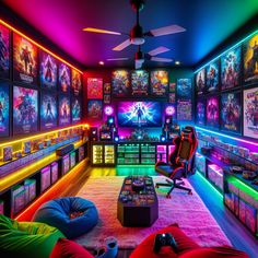 Experience the ultimate gaming retreat in a spacious, neon-lit man cave. Enjoy immersive play with a widescreen setup, multiple consoles, and soundproofing. Lounge with friends on comfry bean bags, surrounded by game memorabilia and a snack-stocked mini fridge. #GamingRoom #ManCave #VideoGames #GameCollectibles #GamingSetup #MultiplayerExperience