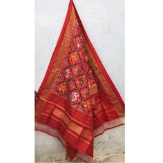 Pochampally Ikkat Red Color With Floral Dupatta Red Cutdana Dupatta For Navratri, Red Dupatta With Cutdana For Navratri, Red Saree With Dupatta For Navratri, Red Raw Silk Traditional Wear With Cutdana, Red Cutdana Traditional Wear In Raw Silk, Festive Red Dupatta With Cutdana Work, Red Traditional Wear With Dupatta For Ceremonies, Red Cutdana Dupatta For Traditional Ceremonies, Anarkali Saree With Ikat Print For Festivals