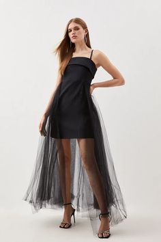 Tailored Stretch Crepe Tulle Midi Dress | Karen Millen Opulent Outfit, Workwear Capsule Wardrobe, Plus Size Workwear, Tulle Midi Dress, Faux Fur Cropped Jacket, Hourglass Silhouette, Black Dress With Sleeves, Paris Outfits, Petite Skirt