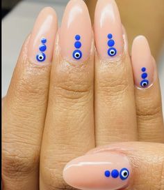 Spring Evil Eye Nails, Yellow Evil Eye Nails, Nail Design With Evil Eye, Hot Pink Evil Eye Nails, Greek Eye Nails Designs, Almond Nails Designs Evil Eye, Ojo Nail Design, Greek Eye Nail Art, Evil Eye Pedicure