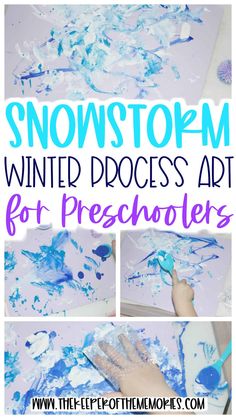 snow storm winter process art for little kids with text overlay that reads, ` `