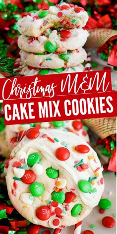 christmas m & m cake mix cookies are stacked on top of each other