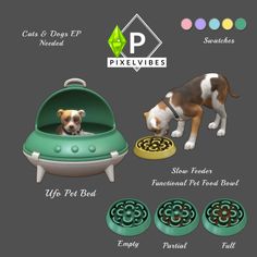 an image of a dog in a pet bed with four different bowls and instructions to use it