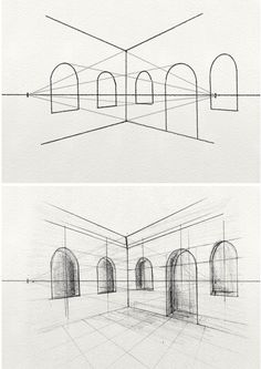 two drawings of arches and doorways in the same room, one is drawn on paper