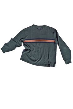 Men's green crewneck sweater from the 2000s, in a skater like style, with it's nacy blue and orange stripes circumferencing the sweater. 100% Cotton. Size LARGE, 51 inches chest/bust, 28.5 inches length, 25 inches sleeve length. Green Crewneck, The 2000s, Blue And Orange, Mens Green, Crewneck Sweater, Crew Neck Sweater, Sweat Shirt, Gender Neutral, Art Collection