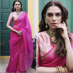 Red Organza Saree Look, Silk Brocade Blouse Designs, Brocade Saree Look, Pink Sari With Contrast Blouse, Light Pink Saree Contrast Blouse, Pink Saree Blouse Combination, Rani Pink Saree Contrast Blouse, Blouse With Organza Saree, Pink Brocade Saree