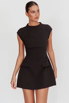 Shop the Aristos Cap Sleeve Mini Dress Black | Selfie Leslie Business Dresses Professional, Pink Dress Shoes, Brunch Dress, Business Style, Mini Dress Black, Versatile Dress, Lace Bodycon Dress, Iron Material, Basic Dress