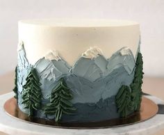 a frosted cake decorated with trees and mountains