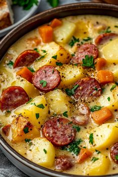 a bowl filled with potatoes, sausage and carrots