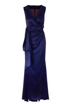 Talbot Runhof - Bosworth5 Navy Blue Satin Gown Elegant Silk V-neck Gown, Formal V-neck Maxi Dress With Tie Back, Elegant Gala Dresses With Sashes, Elegant Sash Dresses For Gala, Silk V-neck Maxi Dress For Evening, Silk V-neck Gown For Gala, Formal Satin V-neck Gown, Formal Satin Dress With Sashes, Formal Satin Gown With V-neck