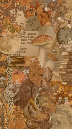 a collage of autumn images with clocks, leaves, and other things in the background