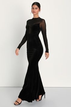 Everyone will be talking about your captivating look in the Lulus Alluring Fixation Black Velvet Mesh Long Sleeve Maxi Dress! This irresistible dress features a sheer mesh dÃ©colletage that rises to a mock-style neckline, shapes long fitted sleeves, and creates a U-shaped insert at the center of the plush velvet bodice. A matching velvet mermaid skirt flatters your curves just right as it falls to a dramatic maxi hem. Sheer mesh V-back completes the sultry look! Hidden back zipper/clasp. Fit: Th Neckline Shapes, Black Mesh Dress, Velvet Maxi Dress, Lulu Fashion, Fitted Sleeves, Mermaid Skirt, Sleeve Maxi Dress, Mesh Long Sleeve, Long Sleeve Maxi