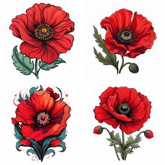 four red flowers with green leaves and buds on the petals are drawn in different ways