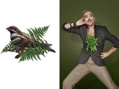 a man standing next to a green plant with a bird on it