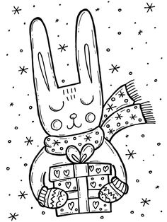 a black and white drawing of a rabbit holding a gift box with stars in the background