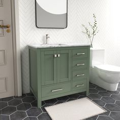 a white toilet sitting next to a bathroom sink under a mirror on top of a wooden cabinet