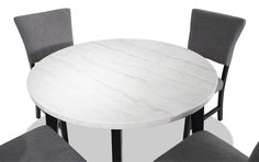 a white marble table and four grey chairs with dark wood legs on a white background