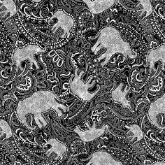 an intricate black and white pattern with elephants in the middle, on a dark background