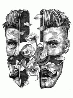 a drawing of two men with their faces cut out to look like they are holding flowers