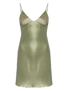 light green/beige silk satin V-neck Chantilly lace adjustable spaghetti straps slip silhouette curved hem thigh-length We've partnered with Good On You — an independent agency that rates how brands perform in relation to their impact on the planet, people and animals, with a multi-criteria rating simplified to a five points scale. In order to be awarded our conscious label, larger brands need to score a minimum of four out of five ('Good'), while smaller brands must score at least three out of f Sage Slip Dress, Slip Dress Nightgown, Light Green Clothes, Light Green Mini Dress, Satin Dress Aesthetic, Satin Green Dress, Green Slip Dress, Light Green Dress, Scrub Corpo