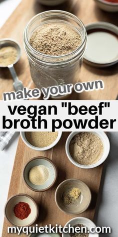 ingredients to make vegan beef broth powder in small bowls on a cutting board