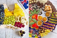 two pictures, one with different types of food and the other with australia's flag on it