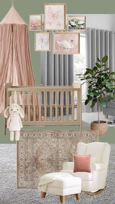 a baby's room with pink and green accents, including a crib, chair, rug, potted plant and pictures on the wall