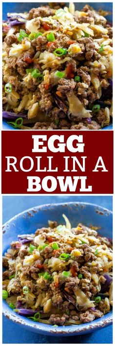 an egg roll in a bowl is shown with the words egg roll in a bowl